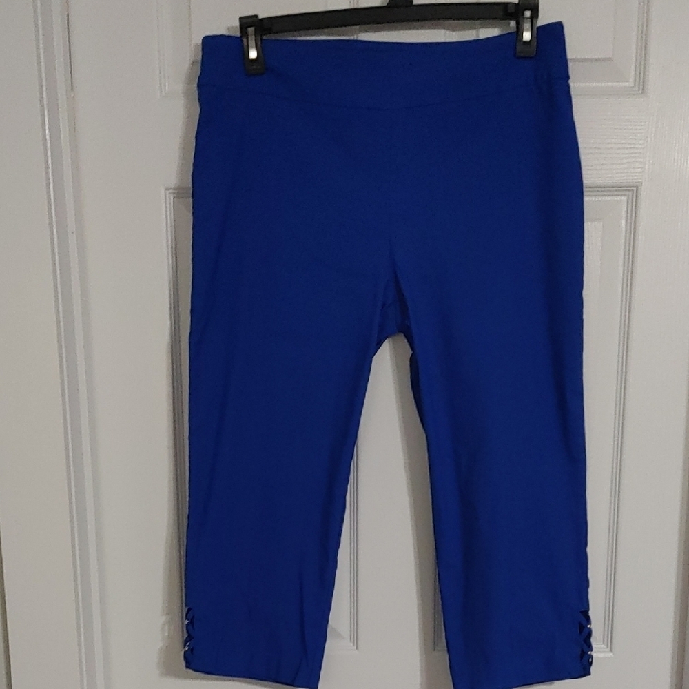 Kim Rogers Royal Blue Capris Stretch Women's sz 14 Crisscross Detail to Side Hem